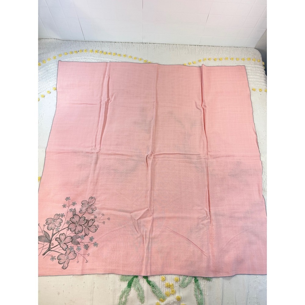 Vintage Pink Square Tablecloth Silver Floral Dogwood Graphic 36x36 Scarf Wrap